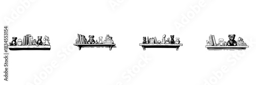 Children Bookshelf With Toys Doodle Sketch Set. Playful Nursery Decor And Childhood Memories In Hand Drawn Style Collection. Teddy Bears, Books, And Toys Arrangement. Isolated Vector Illustration