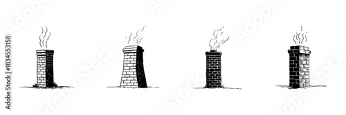 Brick Chimneys With Smoke Doodle Sketch Set. Industrial Emissions And Environmental Impact In Hand Drawn Style Collection. Air Pollution And Energy Production. Isolated Vector Illustration