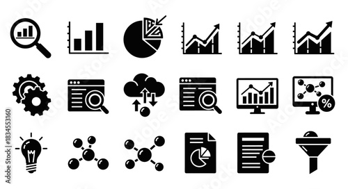 Collection of black glyph icons for data analysis, business intelligence, and marketing concepts including charts, graphs, funnels, reports, and cloud computing symbols