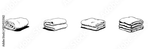 Folded Towels Doodle Sketch Set. Home Organization And Bathroom Decor In Hand Drawn Style Collection. Neatly Arranged Linens For Spa And Hospitality. Hand Drawn Isolated Vector Illustration