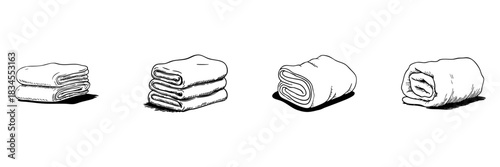 Folded Towels Doodle Sketch Set. Laundry Organization And Home Decor In Hand Drawn Style Collection. Neatly Arranged Towels For Bathroom And Spa. Hand Drawn Isolated Vector Illustration