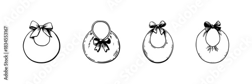 Baby Bibs With Bows Doodle Sketch Set. Infant Feeding Accessories And Cute Babywear In Hand Drawn Style Collection. Adorable And Practical Baby Clothing. Isolated Vector Illustration