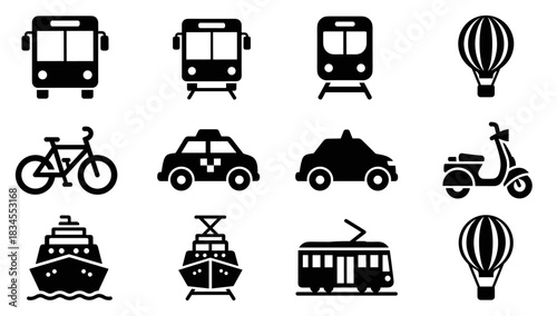 Collection of black silhouette transportation icons showing public and private vehicles like a bus, train, car, taxi, ship, and bicycle in a minimalist flat design style