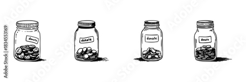 Donation Jars With Coins Doodle Sketch Set. Charitable Giving And Fundraising Concept In Hand Drawn Style Collection. Financial Support And Philanthropy. Hand Drawn Isolated Vector Illustration