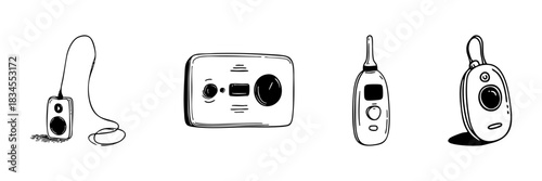 Portable Audio And Communication Devices Doodle Sketch Set. Music Players, Intercoms, Baby Monitors In Hand Drawn Style. Vintage Technology And Communication Tools. Isolated Vector Illustration