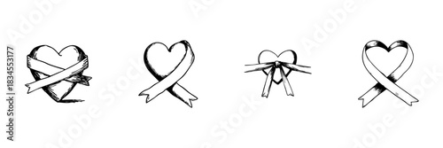 Heart With Ribbon Doodle Sketch Set. Love, Support, And Awareness Symbolism In Hand Drawn Style Collection. Romantic And Charitable Themes. Isolated Vector Illustration