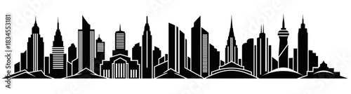 Graphic black silhouette of a modern city skyline featuring a dense collection of futuristic skyscrapers and abstract architectural towers in a panoramic composition