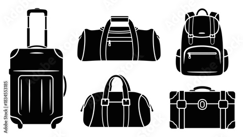 Black luggage and bag silhouette icon set with a rolling suitcase, backpack, duffel, and vintage trunk for travel, vacation, and transport design elements in a graphic style