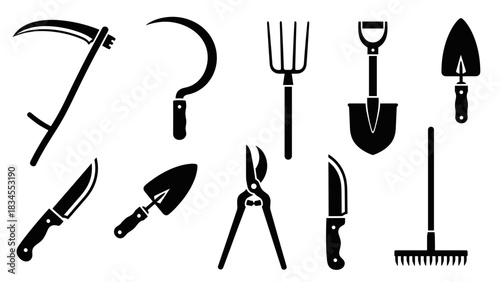 Set of black gardening tool silhouettes including a scythe, sickle, pitchfork, shovel, and rake for agricultural work, presented as a collection of minimalist graphic icons