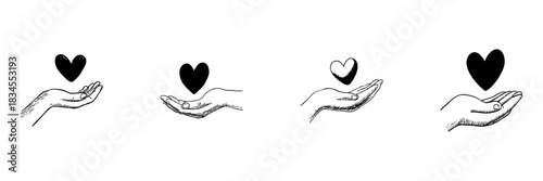 Hand Holding Heart Doodle Sketch Set. Symbol Of Love, Care, And Compassion In Hand Drawn Style Collection. Charity And Support Representation. Isolated Vector Illustration