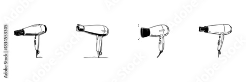 Hair Dryer Doodle Sketch Set. Personal Grooming And Hair Styling Tools In Hand Drawn Style Collection. Beauty And Salon Equipment. Isolated Vector Illustration