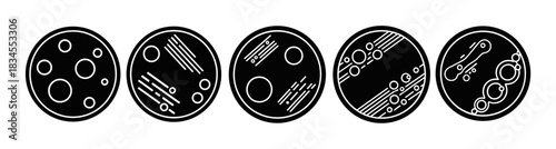 Set of five black petri dish icons showing various stages of microbial colony growth in a minimalist line art style for scientific or biological concepts