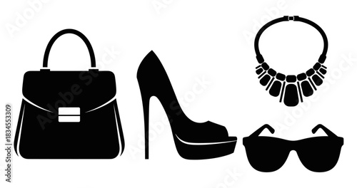 Black silhouette icon set of women's fashion accessories including a handbag, high heel shoe, necklace, and sunglasses representing style, glamour, and shopping
