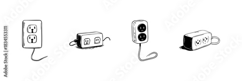 Electrical Outlet And Plug Doodle Sketch Set. Power Connection And Energy Supply In Hand Drawn Style Collection. Home And Office Electrical Safety. Hand Drawn Isolated Vector Illustration