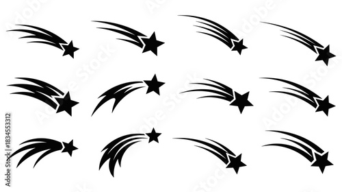 Collection of twelve black shooting star icons with dynamic swoosh tails, representing falling comets or meteoroids in a simple, graphic, and minimalist vector style