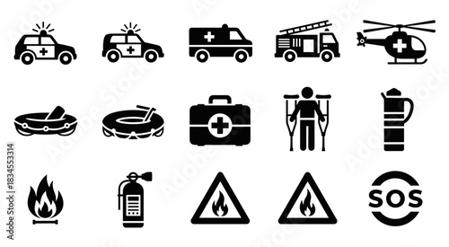 Collection of black emergency and safety icons representing police, fire department, medical rescue, and first aid with simple glyphs of vehicles, equipment, and warning signs