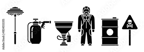 Collection of black silhouette icons for pest control and disinfection, featuring a hazmat suit, chemical sprayer, barrel, and a toxic hazard warning sign