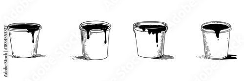 Buckets With Dripping Liquid Doodle Sketch Set. Industrial Fluid, Paint, Or Oil Spill Concept In Hand Drawn Style Collection. Environmental Impact And Cleanup. Hand Drawn Isolated Vector Illustration