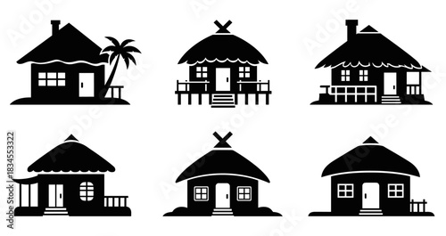 Set of six monochrome vector icons depicting various tropical beach houses, bungalows, and huts with thatched roofs, presented in a clean and simple graphic design