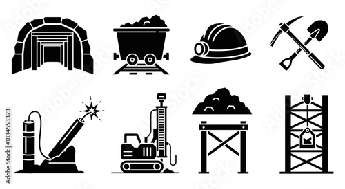 Collection of black mining equipment icons featuring a mine shaft, ore cart, hard hat, pickaxe, shovel, explosives, drilling machine, and industrial lift