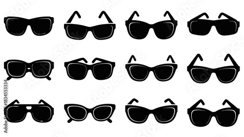 Collection of twelve black sunglasses icons showing various styles and shapes of fashionable eyewear in a simple graphic silhouette vector illustration for summer and vacation concepts