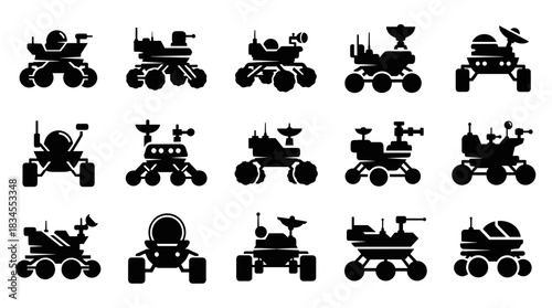 Set of black silhouette planetary rover icons showing various robotic vehicle designs for space exploration, scientific research, and futuristic technology concepts