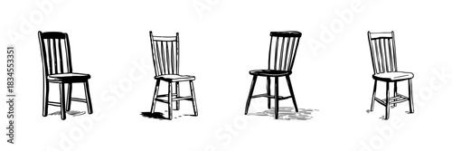 Four Wooden Chairs Doodle Sketch Set. Furniture Design And Interior Decoration In Hand Drawn Style Collection. Classic Seating Arrangement. Hand Drawn Isolated Vector Illustration