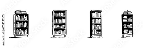 Bookshelf Doodle Sketch Set. Home Library Organization And Book Storage Solutions In Hand Drawn Style Collection. Educational And Literary Decor. Hand Drawn Isolated Vector Illustration