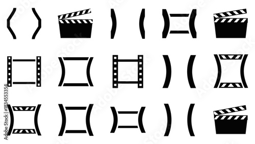 Collection of black cinema and filmmaking icons including clapperboards, film strips, and abstract bracket shapes in a minimalist graphic style