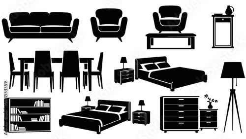 Large set of black furniture silhouettes including a sofa, bed, armchair, dining table, bookshelf, and lamps for home interior design concepts