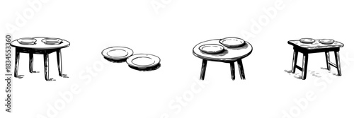 Round And Rectangular Tables With Plates Doodle Sketch Set. Dining And Tableware Arrangement In Hand Drawn Style Collection. Rustic And Minimalist Furniture. Hand Drawn Isolated Vector Illustration