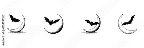 Crescent Moon And Bat Doodle Sketch Set. Halloween, Nighttime, And Gothic Themes In Hand Drawn Style Collection. Spooky And Mysterious Atmosphere. Isolated Vector Illustration