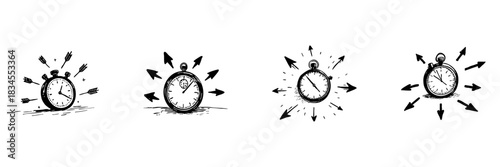 Stopwatch With Arrows Doodle Sketch Set. Time Management, Efficiency, And Productivity Enhancement In Hand Drawn Style Collection. Conceptual Illustration Of Time Optimization
