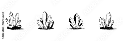 Crystal Cluster Doodle Sketch Set. Mineral Formation And Geology Exploration In Hand Drawn Style Collection. Natural Gemstone Illustration. Isolated Vector Illustration