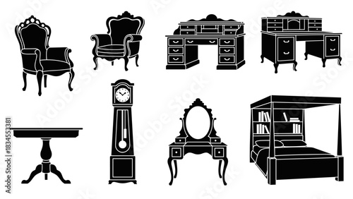Set of antique furniture silhouettes including chairs, desks, a table, a clock, a vanity, and a bed in a classic vintage style illustration for interior design concepts