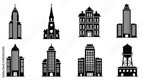 Set of eight black building icons representing various urban architectural styles including skyscrapers, a church, an apartment building, and a water tower in a minimalist graphic style
