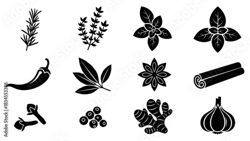 Collection of black herb and spice icons including rosemary, basil, chili, and ginger, presented as a minimalist glyph set of culinary seasonings in a simple graphic silhouette style