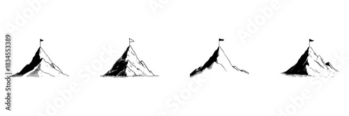 Mountain Peaks With Flags Doodle Sketch Set. Achievement, Success, And Goal Setting In Hand Drawn Style Collection. Symbol Of Ambition And Triumph. Hand Drawn Isolated Vector Illustration