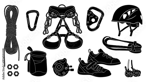 Set of black rock climbing equipment silhouettes including a rope, harness, helmet, carabiners, and shoes for mountaineering and outdoor adventure sports in a flat graphic style