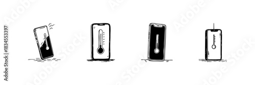 Smartphone With Thermometer Doodle Sketch Set. Mobile Temperature Monitoring And Heat Detection In Hand Drawn Style Collection. Device Overheating And Thermal Management. Isolated Vector Illustration