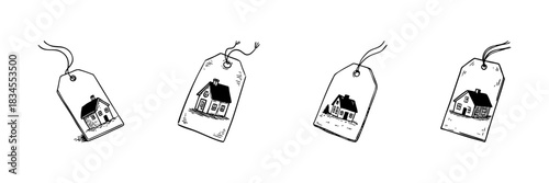 House Price Tag Doodle Sketch Set. Real Estate Valuation And Property Pricing In Hand Drawn Style Collection. Home Buying And Selling Concept. Hand Drawn Isolated Vector Illustration