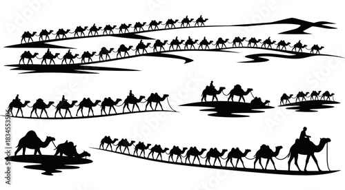 Black silhouette collection of camel caravans with riders walking in a line across abstract desert dunes in a graphic minimalist style illustration set