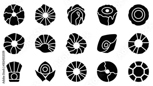 Set of abstract black glyph icons with organic, floral, and geometric patterns, designed in a simple, bold silhouette style for versatile branding and creative projects