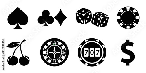Set of black casino gambling icons including card suits, dice, a roulette wheel, poker chips, cherries, and a dollar sign in a flat graphic vector style illustration