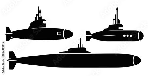 Three black military submarine silhouettes in a vector icon set showing different naval vessel designs for underwater warfare and stealth technology concepts