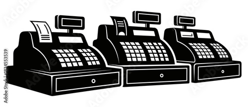 Three old-fashioned black cash registers in a row, depicted in a bold graphic vector illustration style with a retro aesthetic for retail and commerce concepts