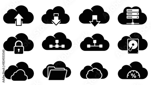 Black cloud computing and data storage icons featuring upload, download, server, security lock, and network symbols in a minimalist glyph set for technology concepts