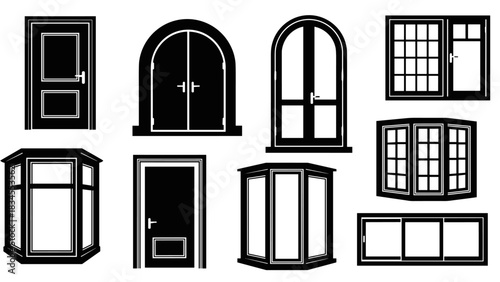 Collection of black and white door and window silhouettes in various architectural styles, including arched doorways, bay windows, and sliding glass panels for design concepts