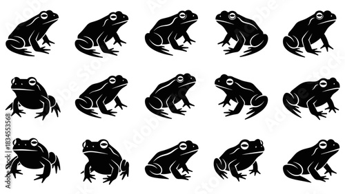 Collection of black frog silhouettes in various poses and angles, presented as a set of stylized graphic icons for nature-themed design projects and wildlife illustrations