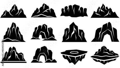 Black mountain and rock formation silhouette icons in a collection of twelve different designs including peaks, cliffs, arches, and fantasy floating islands